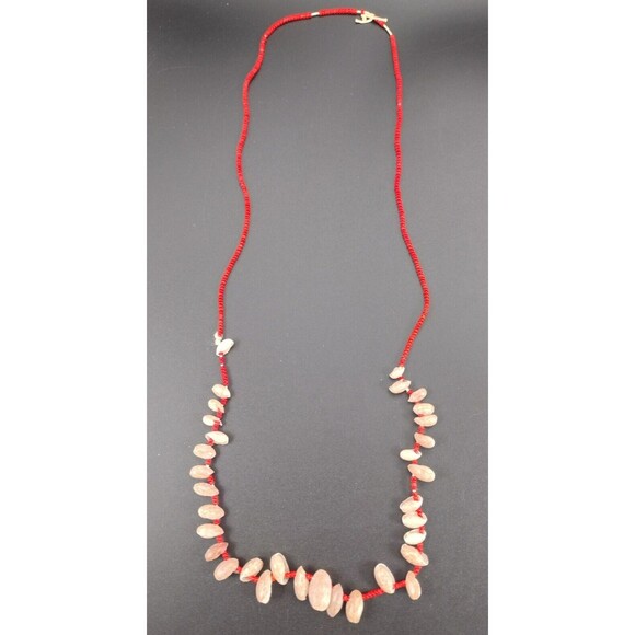 Vintage Beaded Cowrie Shell Necklace Handmade Lot of 2 Red Orange White - Picture 2 of 7